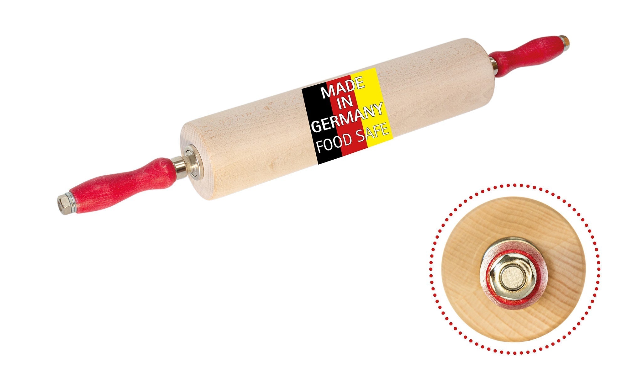 Holz-Nudelholz mit roten Griffen, Made in Germany, lebensmittelecht