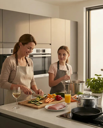 Frau und Mädchen kochen gemeinsam in moderner Küche mit Schneidebrett und frischem Gemüse