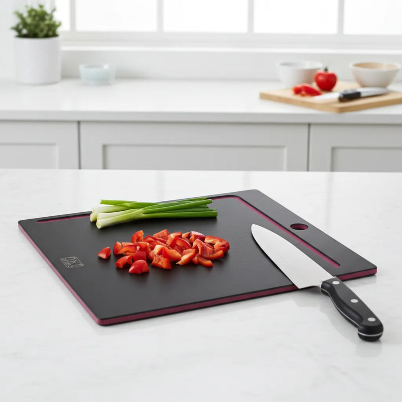 NXT Board Schneidebrett schwarz/pink mit Saftrille – Detailansicht Saftrille